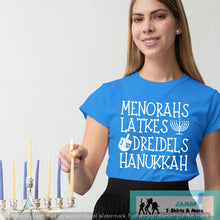 Load image into Gallery viewer, Menorahs Latkes Dreidels Hanukah