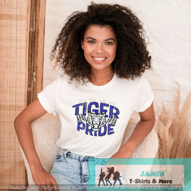 Tiger Pride blue font with tiger