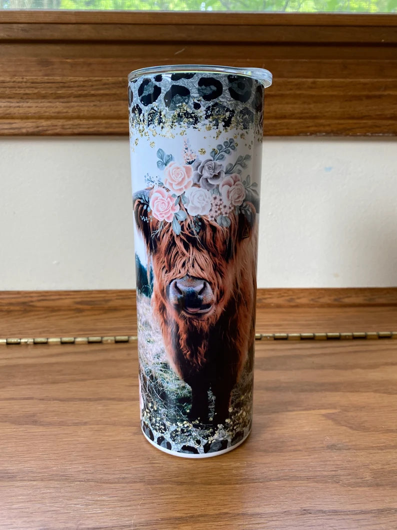 Highland Cow & Roses with Leopard Print 20oz Stainless Steel Tumbler
