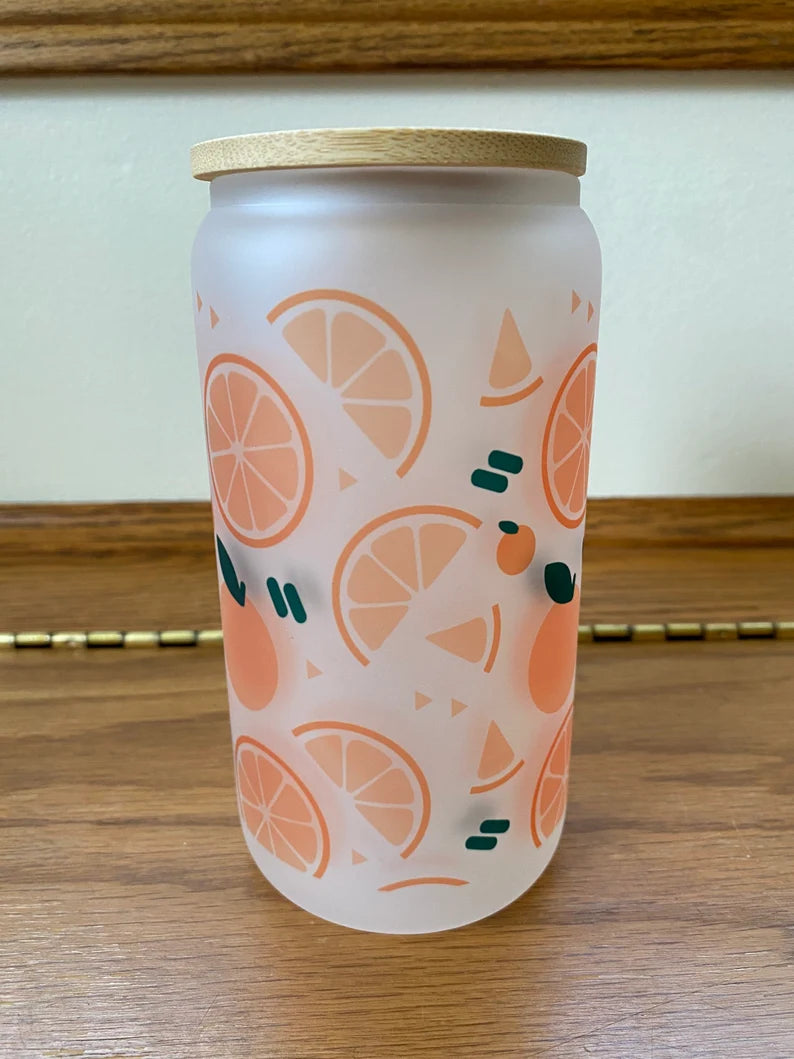 Oranges Frosted 16 oz Glass Bamboo Lid Tumbler