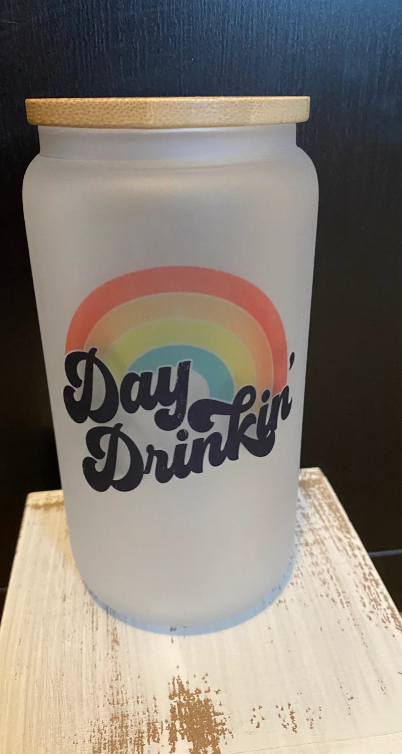 Day Drinkin' 16 oz Frosted Glass Bamboo Lid Tumbler