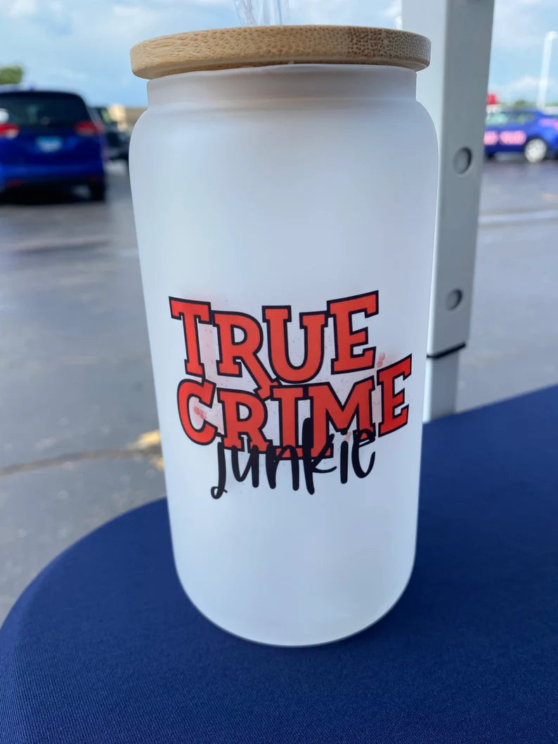 True Crime Junkie 16 oz Frosted Glass Bamboo Lid Tumbler
