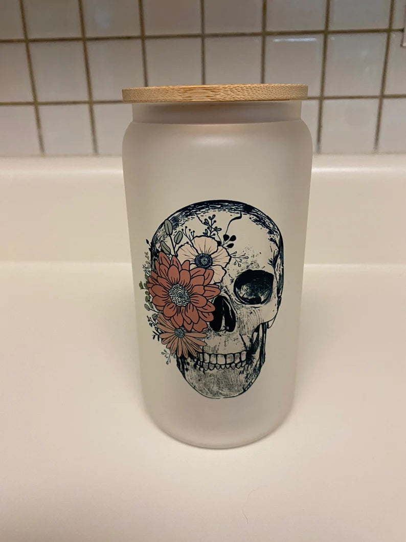 Floral Skull 16 oz Frosted Glass Bamboo Lid Tumbler