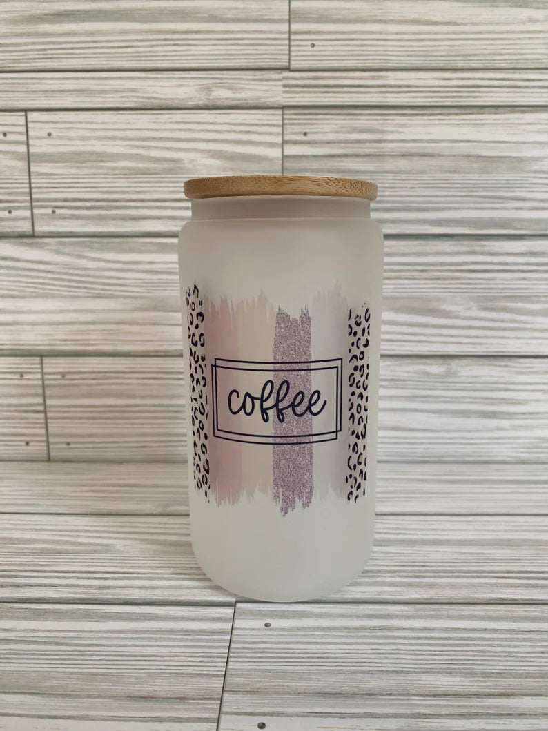 Coffee with Pink Cheetah Print 16 oz Frosted Glass Bamboo Lid Tumbler